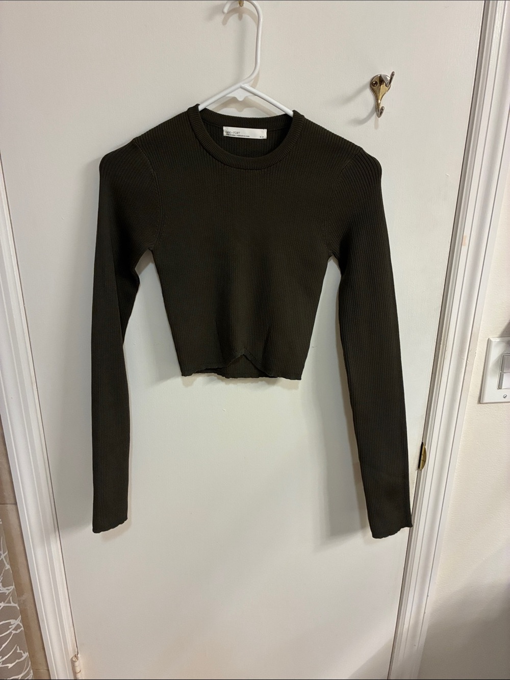 OAK + FORT Olive Ribbed Long-Sleeve Crop Tee Sz XS
